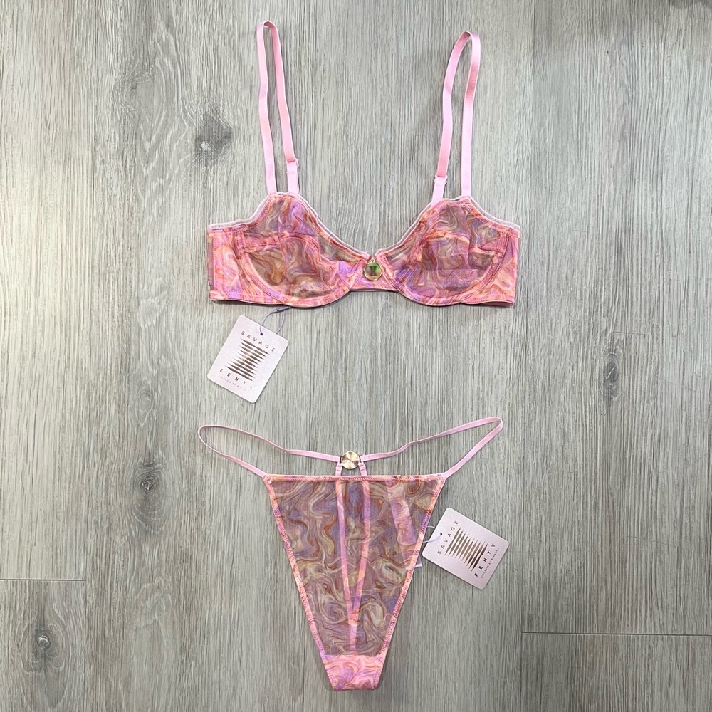 Sheer Marble-Print Pink Underwire Bra & Thong Set 💖 SAVAGE X FENTY